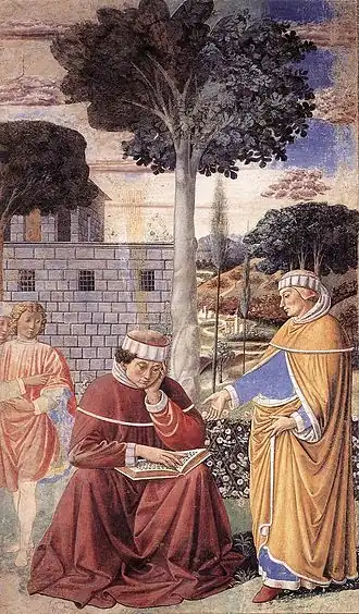 Augustinus leest de epistel van Paulus (1464/1465), fresco van Benozzo Gozzoli, Sant'Agostino-kerk in San Gimignano