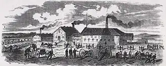 Illustratie van het fabrieksterrein rond 1856