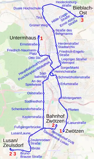 Netwerkkaart van de Tram van Gera
