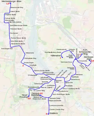 Netwerkkaart van de Tram van Rostock
