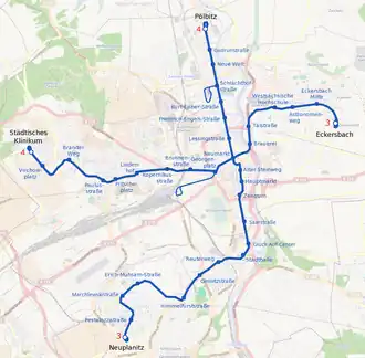 Netwerkkaart van de Tram van Zwickau
