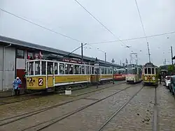 Tramstel KS 275 + KS 1253 en motorwagen HHA 3657 uit Hamburg, RSAG 797 uit Rostock en KS 587 uit Kopenhagen.