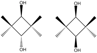Structuurformule van trans- (links) en cis-2,2,4,4-tetramethyl-1,3-cyclobutaandiol