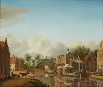 Trekschuiten bij de Marepoort te Leiden. Schilderij door Paulus Constantijn la Fargue, circa 1771.