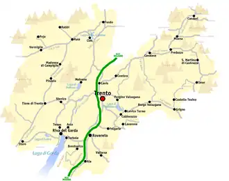 Locatie van Stenico ten westen van Trente