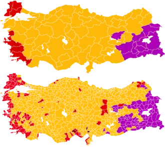 Resultaten verkregen door de HDP in de parlementsverkiezingen van november 2015 (paars), per provincie en gemeente