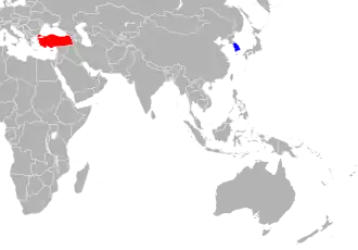 Kaart met daarop Turkije en Zuid-Korea
