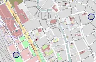 Locatie van de school binnen de stad (in donkerblauw)