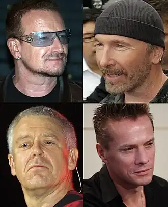 Bandleden met de klok mee van linksboven Bono, The Edge, Larry Mullen jr. & Adam Clayton