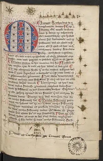 Incipit van De contemplatione maiore met initiaal met penwerk en randversiering met bladgoud (Hs. 278 fol. 2r)