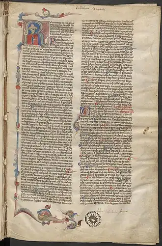 Op de openingspagina van het manuscript (fol. 1r) is een gedecoreerde initiaal met de geschilderde staaf te zien. In de bovenmarge staat de naam van de auteur; onderaan de pagina staat een nota bene teken en een bezittersstempel.