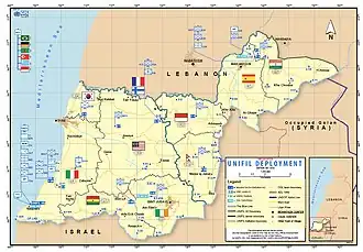 De posities van de UNIFIL-contingenten uit de deelnemende landen in 2018.
