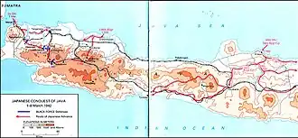 Map met vermoedelijke geallieerde defensie (blauw) en Japanse vorderingen (rood) van 1 tot en met 8 maart 1942.