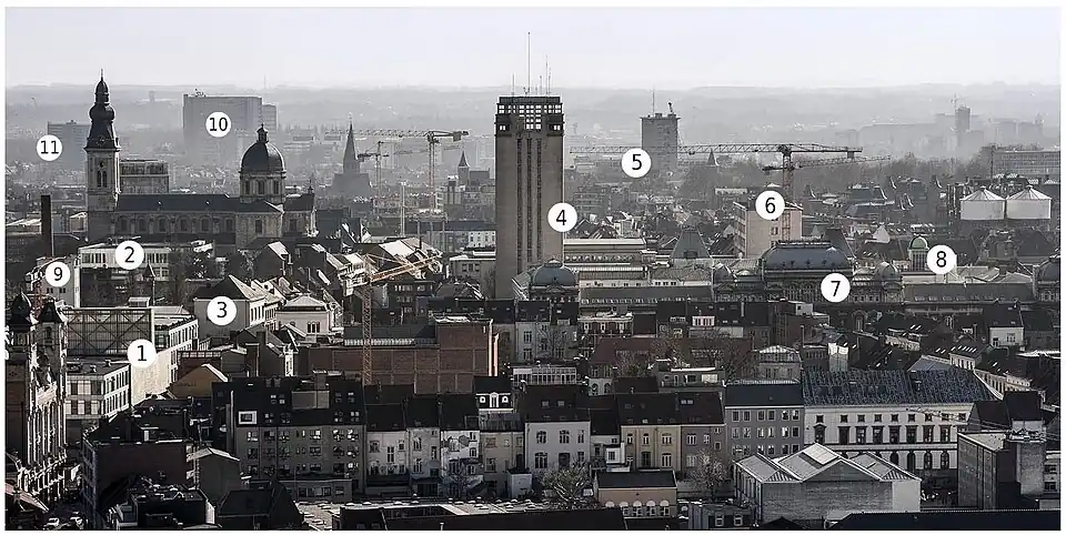 Panorama van de stad Gent met enkele gebouwen van de Universiteit Gent (UGent): 1 Ufo – universiteitsforum / 2 Economie & bedrijfskunde / 3 Studentenrestaurant De Brug / 4 Boekentoren – universiteitsbibliotheek / 5 Ledeganck – wetenschappen en plantentuin / 6 Blandijn – letteren & wijsbegeerte / 7 Plateau & Rozier – ingenieurswetenschappen & architectuur, letteren en wijsbegeerte / 8 Volkssterrenwacht Armand Pien / 9 Therminal – studentenhuis / 10 UZ – geneeskunde & gezondheidswetenschappen / 11 Home Boudewijn