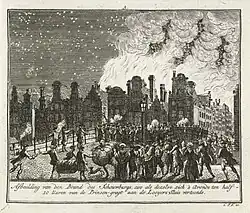 Brand van de Amsterdamse Schouwburg gezien vanaf de Prinsengracht