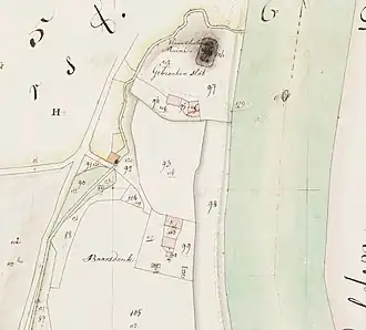 Kadastrale kaart uit 1821, met het Gebroken Slot (oftewel: kasteel Grubbenvorst), de Slottermolen en Baersdonck