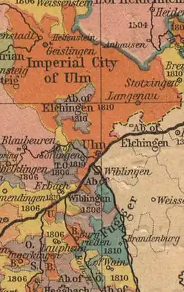 ca. 1790 (voor de Franse Revolutieoorlogen met de Rijksstad Ulm die het gebied in tweeën deelt
