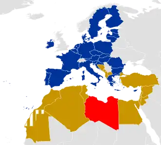 alt= Leden van de Unie voor het Middellandse Zeegebied ■&nbsp;Lidstaten van de Europese Unie ■&nbsp;Overige leden ■&nbsp;Lidmaatschap opgeschort ■&nbsp;Landen met waarnemerstatus