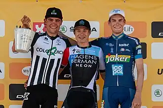 Het Podium van 2018 met in het midden de winnaar Jasper Philipsen