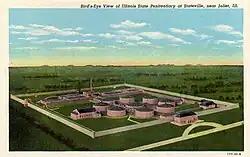 Geïdealiseerde versie van Stateville Penetentiary, met de geplande maar nooit uitgevoerde acht panopticons. Het werden er uiteindelijk vier