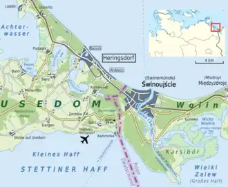 Kaart van Heringsdorf met de zee wijken van Ahlbeck en Bansin en de naburige stad van Swinemünde/Świnoujście in Polen