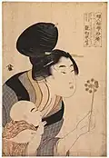 1792-93, Japans, Utamaro, vrouw blaast tegen een windmolentje voor haar kind.