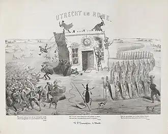 Spotprent Utrecht en Rome (1853). Rechts marcheren bisschoppen Utrecht binnen, midden dirigeert een tor (Thorbecke) en in het midden wordt een aanslag gepleegd op de Utrechtse universiteit