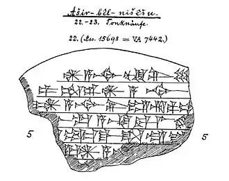 Schroeder's lijntekening voor een van Aššūr-bēl-nīšēšu’s gedenkkegels.[i 1]