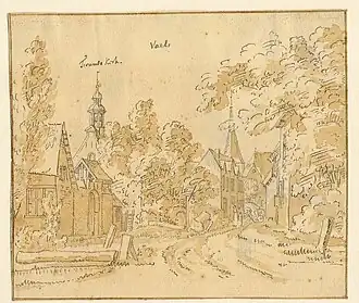 Pentekening van de Akenerstraat in Vaals (anoniem, ca. 1700), gezien naar het westen. Links de Waalse kerk met barokke dakruiter