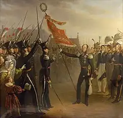 De overdracht van het vaandel door de prins van Oranje (Willem II) aan de Bossche schutterij op 24 juli 1831