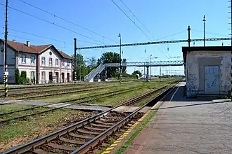 Stationsgebouw, voetgangersbrug, perron.