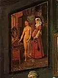 Detail van de kunstkamer van Cornelis van der Geest met daarop het werk Badende vrouw, een zeldzaam profaan tafereel van Jan Van Eyck. Verloren gegaan, maar dankzij Van Haecht nog gekend.