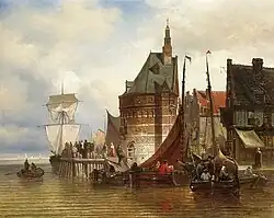 Afgemeerde schepen bij de hoofdtoren van Hoorn