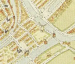 De Drenkelaarstoren (rechtsonder) op de kaart van Jacob van Deventer van rond 1565.