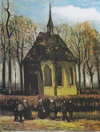 Het uitgaan van de Hervormde Kerk te Nuenen, 1884