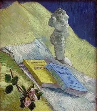 Stilleven van Vincent van Gogh met gipsbeeld en twee romans. Bel-Ami ligt rechts