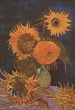 Vaas met vijf zonnebloemen (Arles, augustus 1888) Vernietigd bij een brand in de Tweede Wereldoorlog op 6 augustus 1945.[1]