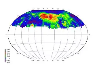 Een winkel-tripelprojectie van het in kaart gebrachte Venuslandschap door Venera 15 en 16