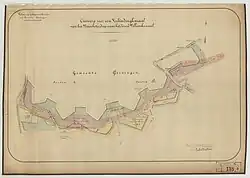 Ontwerp voor het Verbindingskanaal uit 1873 met de contouren van de vroegere dwingers van de vestingwerken van Groningen.