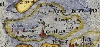 Kaart van het ondergelopen Noord-Beveland, met Welle in het midden (1573)
