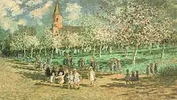 Schoolkinderen en boomgaard in bloei