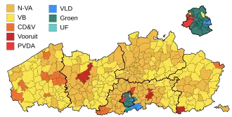 Grootste partij in iedere gemeente. In Brussel duidt de rode kleur Team Fouad Ahidar aan.