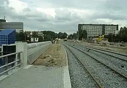 Aanleg van de trambaan in 1991, gezien naar het oosten. Links het Slotervaartziekenhuis, rechts het ACTA-gebouw.