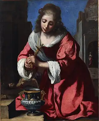 Sint Praxedis, olieverf op doek van Johannes Vermeer. Met een spons verzamelt ze het bloed van een martelaar.