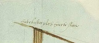 Vermelding van klooster Mariënhaven (‘het clooster plag hier te staen’) op een kaart uit 1592/1593