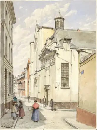 Salazarkapel in de Stuiversstraat, met rechts de verdwenen Twaalfapostelenstraat (aquarel van Jacques Carabain, 1894-97)