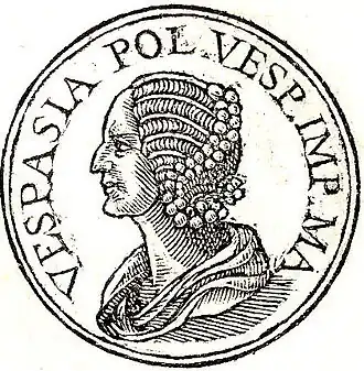 Vespasia Polla uit Promptuarii Iconum Insigniorum. De afkorting betekent: "Vespasia Polla Vespasiani Imperatoris Mater", wat betekent: Vespasia Polla, moeder van keizer Vespasianus