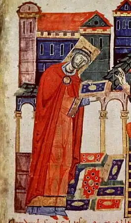 Abt Desiderius van Montecassino, de latere paus Victor III illustratie uit Codex Vaticanus Latinus 1202 uit de 11e eeuw)