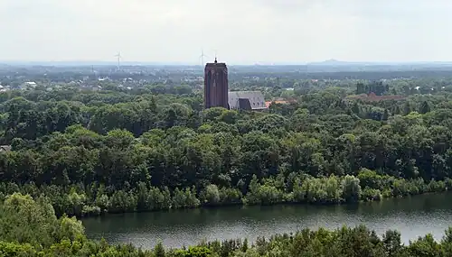 Zicht op Eisden-Tuinwijk met typische kerktoren en laanbomen, vanaf de Lange Terril in Terhills
