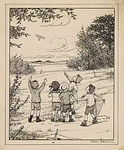 Vijf jongens kijkend naar een zeppelin